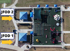 Aerial view of pavilions and playground