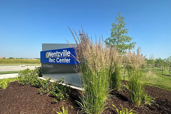 Side view of Rec Center entrance sign