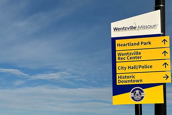 Sign of Wentzville locations such as Heartland Park, Rec center, city hall police and historic downtown