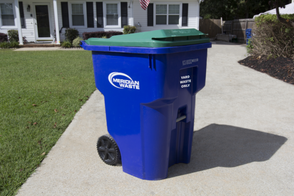 blue garbage bin