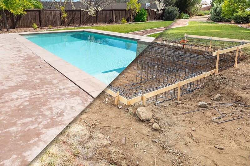 A split view of a pool before and after construction