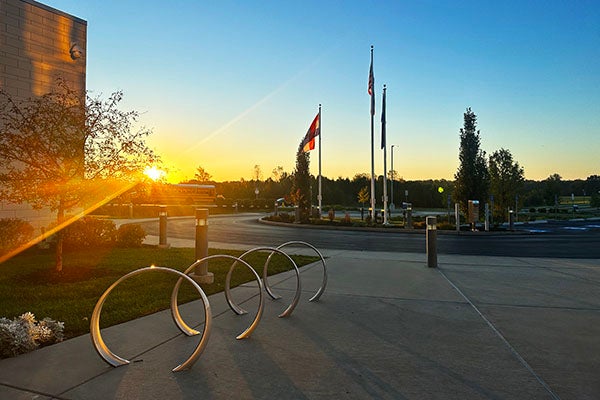 sunrise behind building with flags