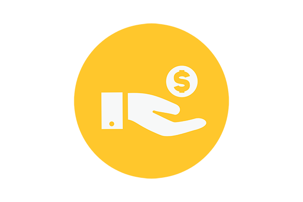 Yellow icon of hand with money symbol.