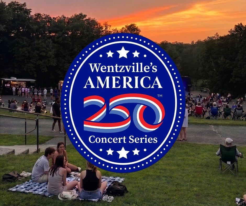 America 250 Concert Series Logo on an image of a crowd of people watching an outdoor concert